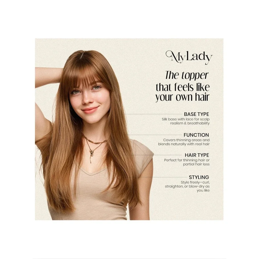 MY-LADY Human Hair Topper with Bangs 18 Inch Dark Brown Silk Base Remy Hairpiece